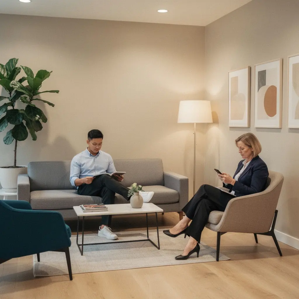 Элегантный приемный зал с комфортной мебелью и ярким освещением.