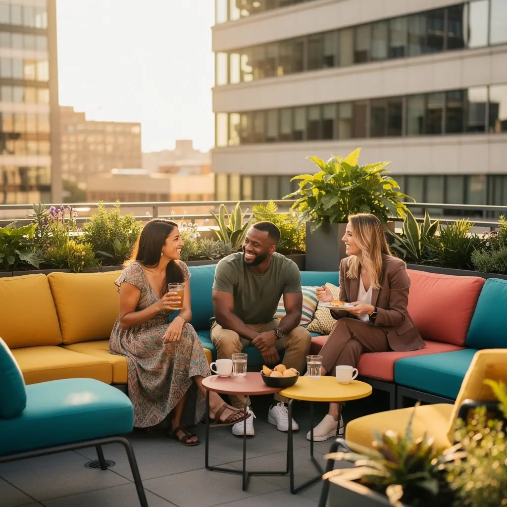 Комната для переговоров с современным оборудованием и расслабляющей атмосферой.